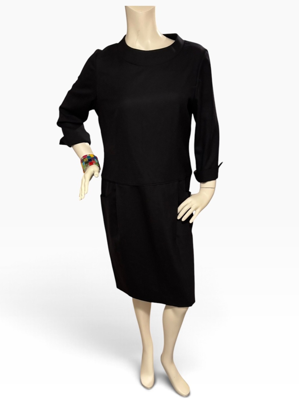 Vintage Pendleton Wool Black Midi Long Sleeve Shift Dress with Pockets, 12